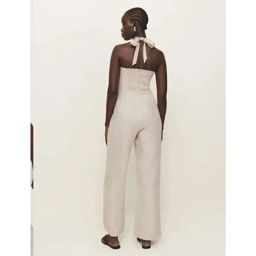 Malika oatmeal romper 100% linen never worn halter top sleeveless wide leg pant